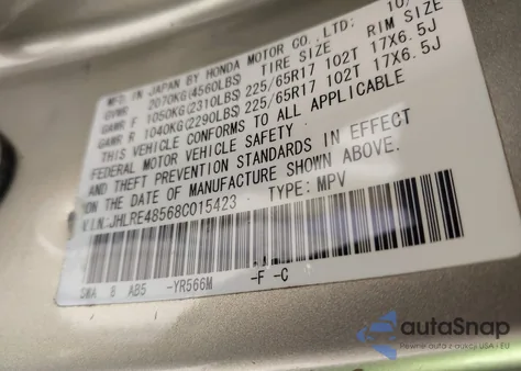 2008 Honda Cr-V Ex from USA, damaged, VIN JHLRE48568C015423